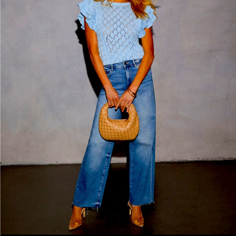 Light Blue Knit Ruffle Sleeve Top - Picture 3 of 8
